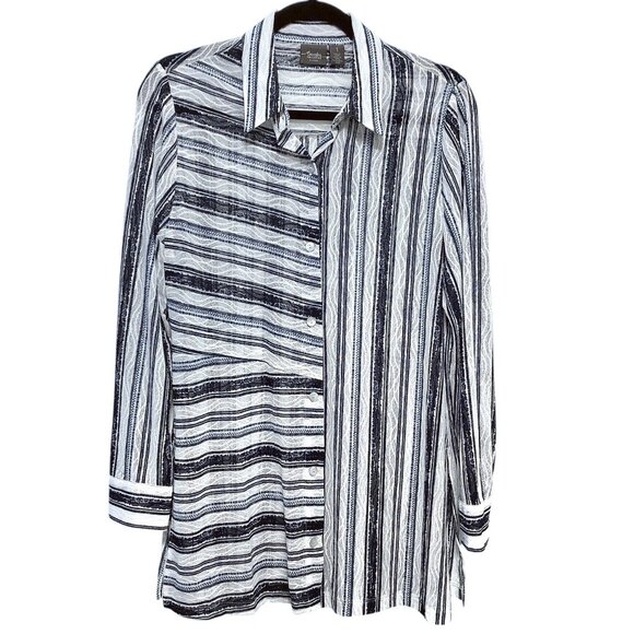 Chico's Travelers Collection Blue White Striped Button Semi-Sheer Shirt 1 - Picture 2 of 11